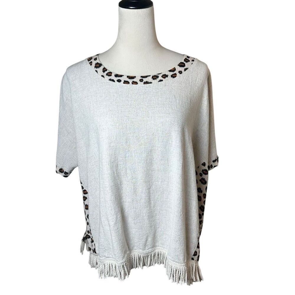 Umgee USA Linen Cotton Blend Leopard Cheetah Print Fringe Boho Top Relaxed Large